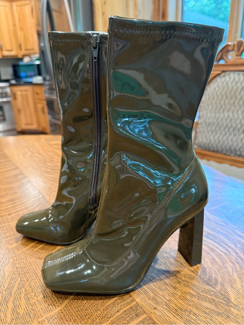 Aldo Olive Patent Mid-Calf Block Heel Boots